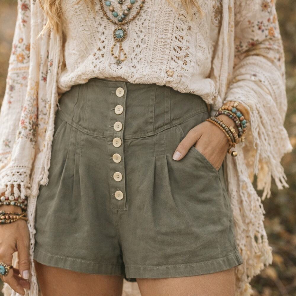 Free People SZ 00 100% Cotton Olive Green High Rise Button Front Shorts